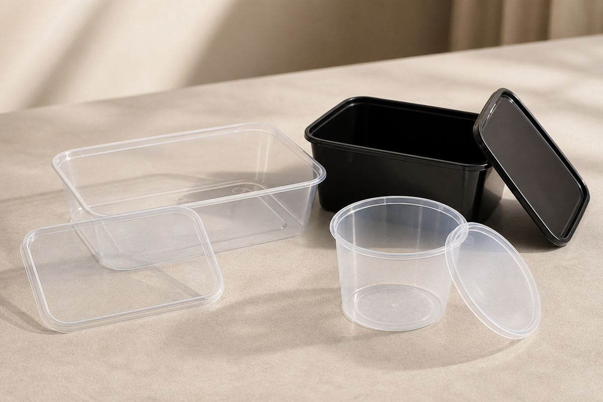 Clear and black PP microwave-safe takeaway containers with lids grouped on a commercial kitchen bench