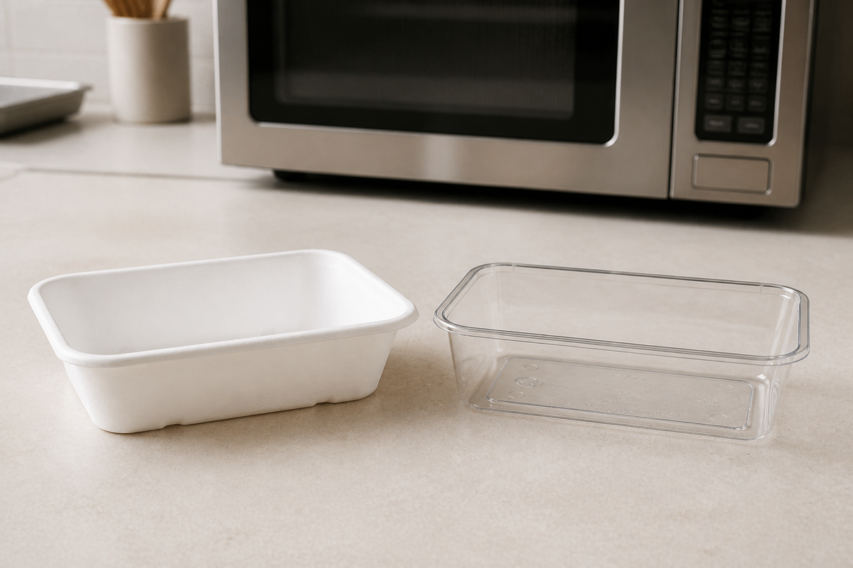 A sugarcane bagasse container beside a PP plastic container next to a microwave, comparing microwave safety