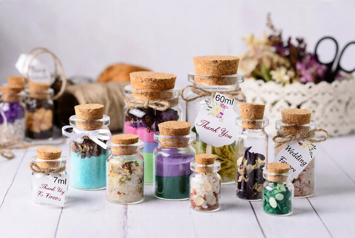 Mini glass jars with cork lids for wedding favors crafts and small gift packaging
