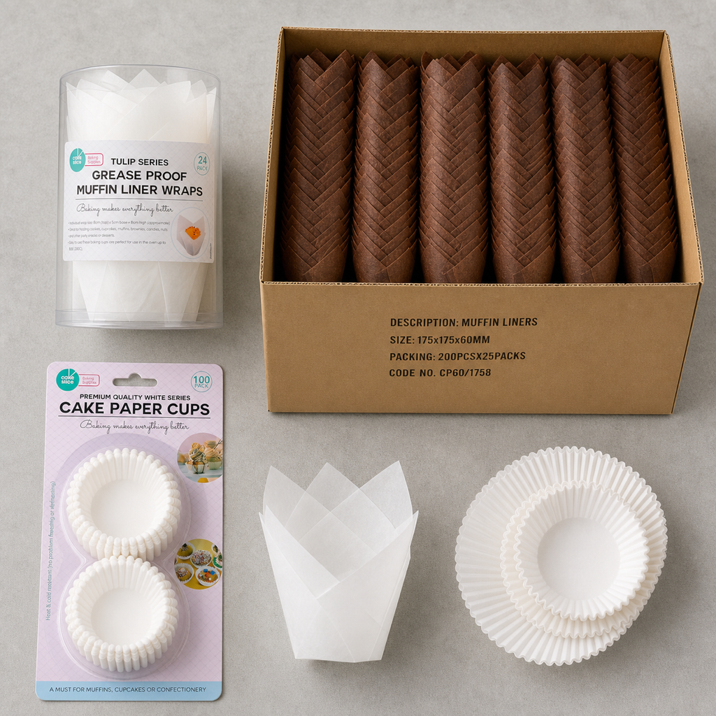 Greaseproof tulip muffin wraps and coloured cake paper cups beside a bulk carton of muffin liners