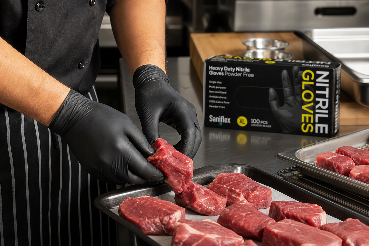 Chef in black nitrile gloves portioning raw meat on a stainless steel prep bench