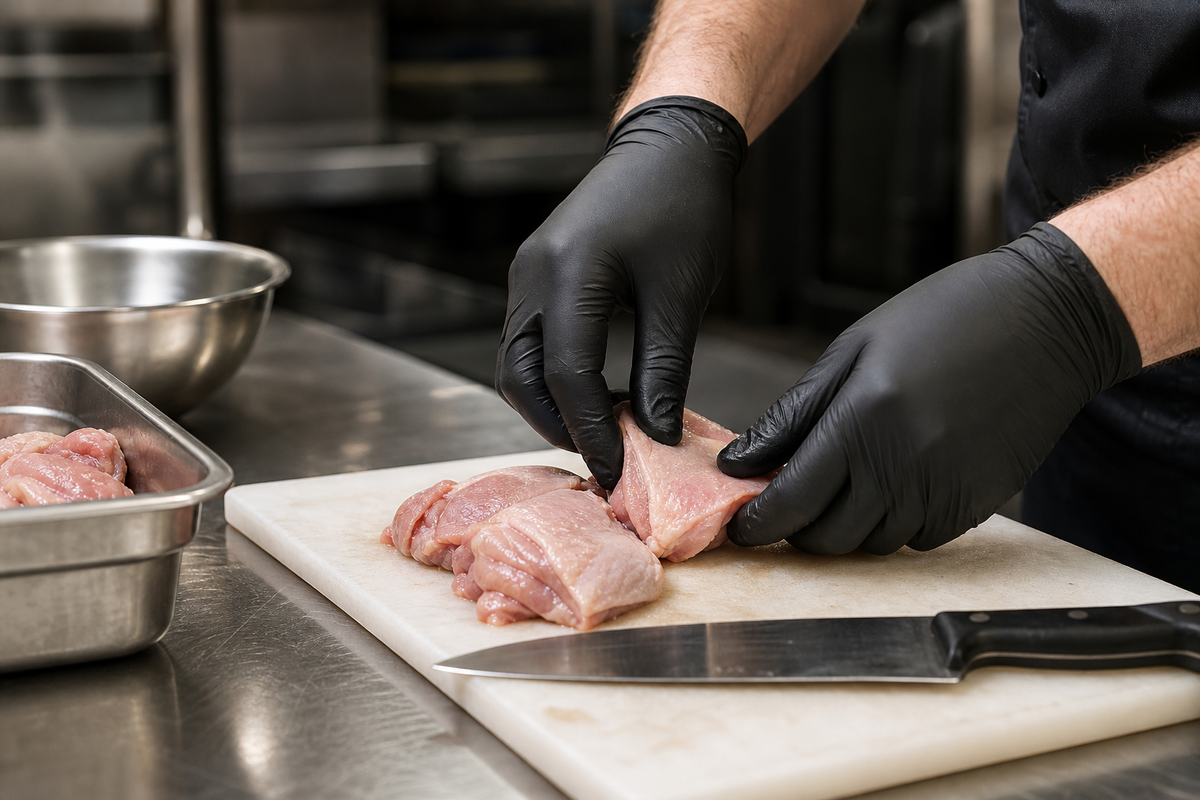 Black nitrile disposable gloves used for raw-protein kitchen prep on a stainless bench