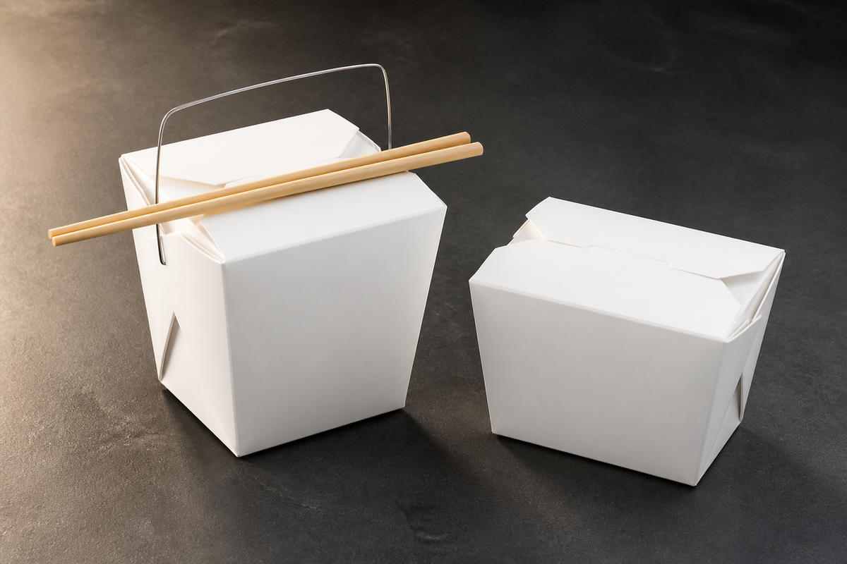 Traditional wire-handle noodle pail beside a flat-bottom tuck-top noodle box on a dark bench