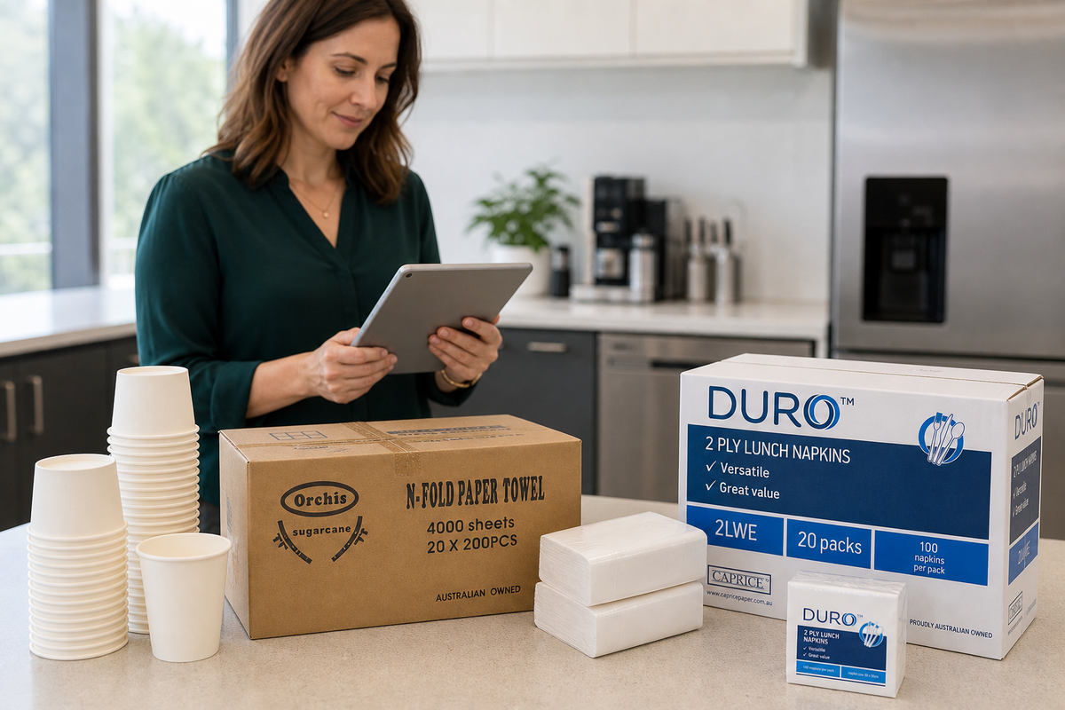 Office manager checking bulk office kitchen supplies against a headcount reorder plan