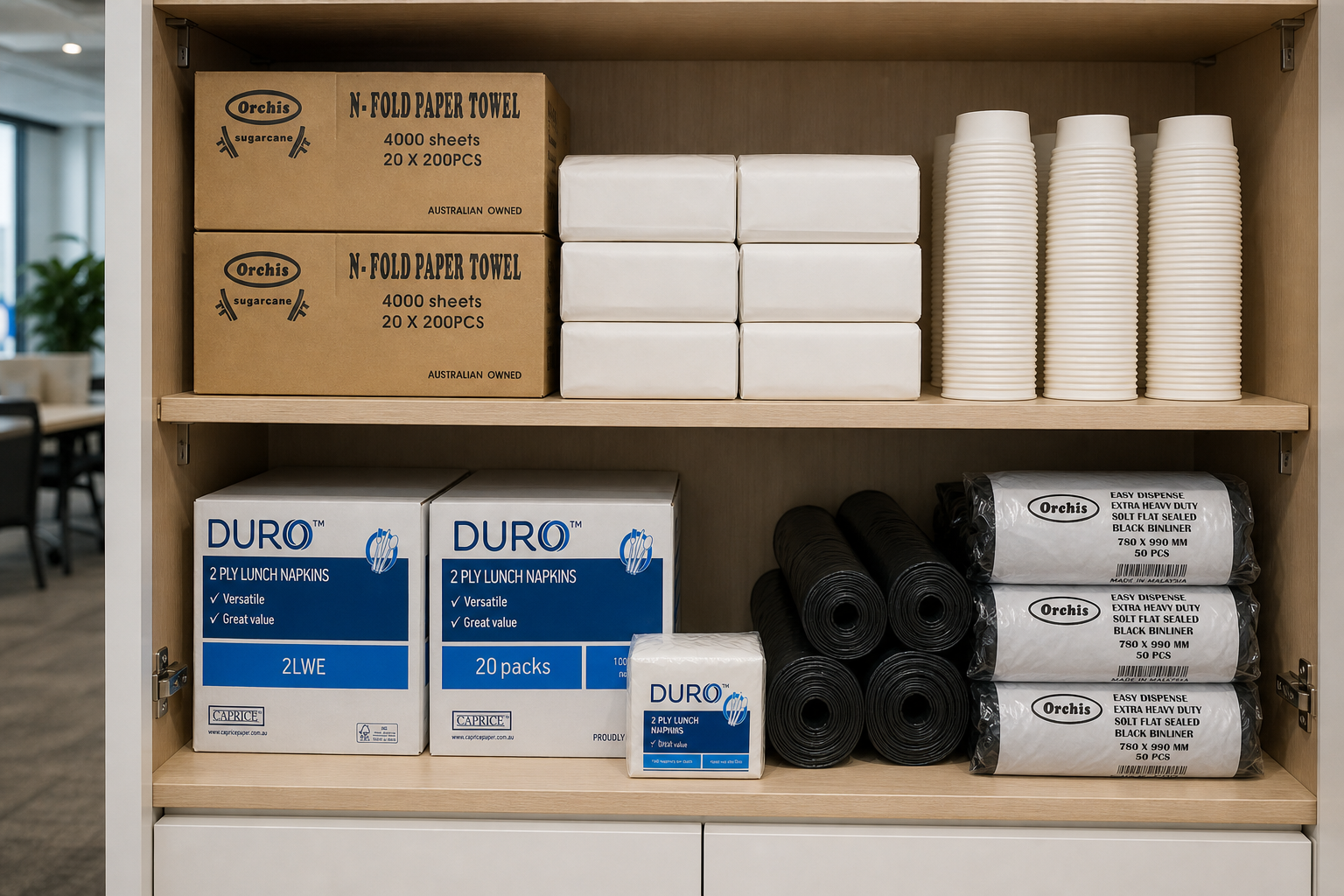 A tidy office pantry cupboard stocked with cartons of paper cups, hand towel, napkins and bin liners