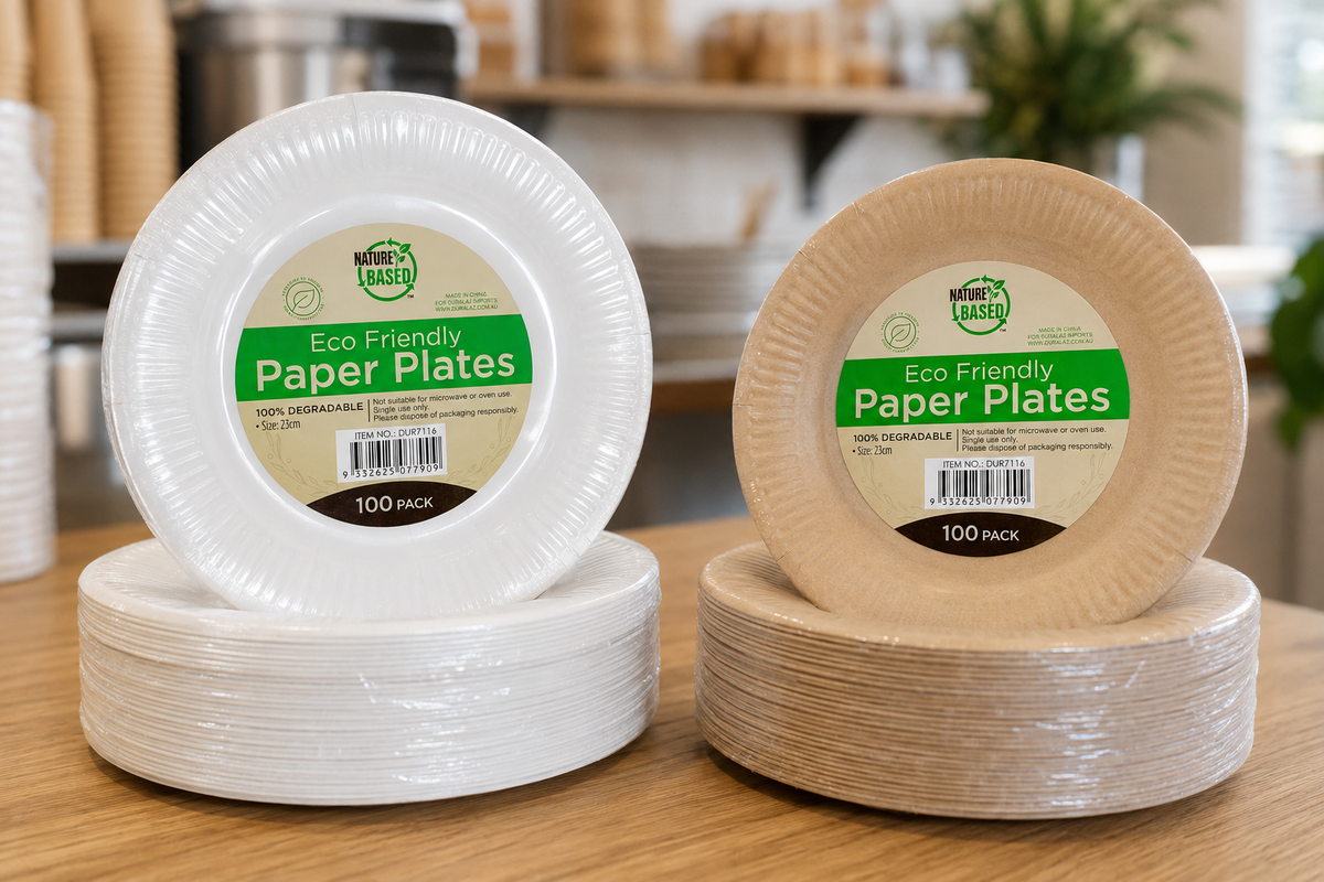 Stacks of white coated paper plates next to kraft eco paper party plates on a cafe counter