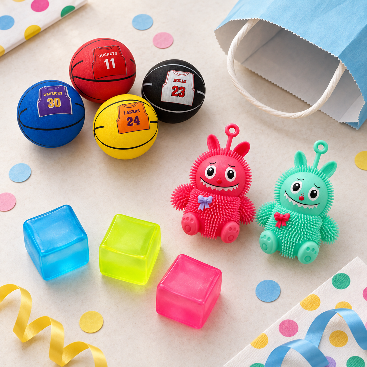 Flat-lay of small novelty party bag fillers sorted into groups beside a folded paper party bag