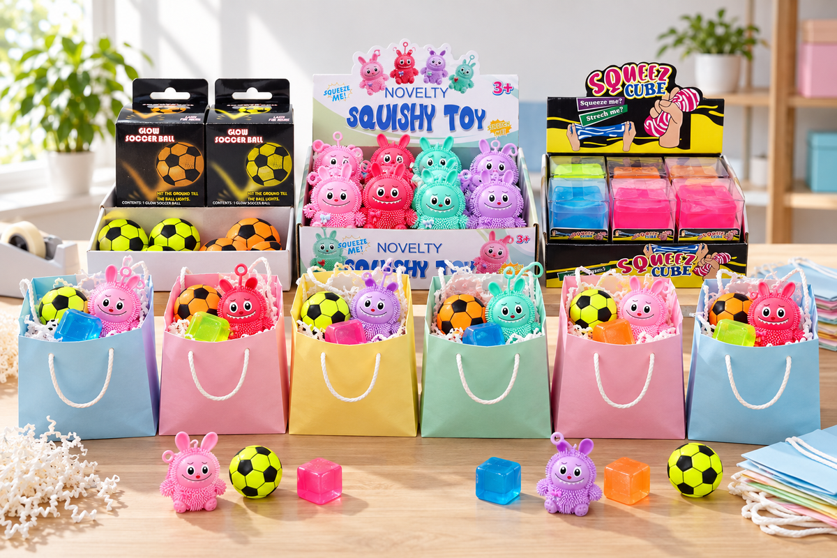 Rows of paper party bags on a table being filled with assorted bulk novelty toys