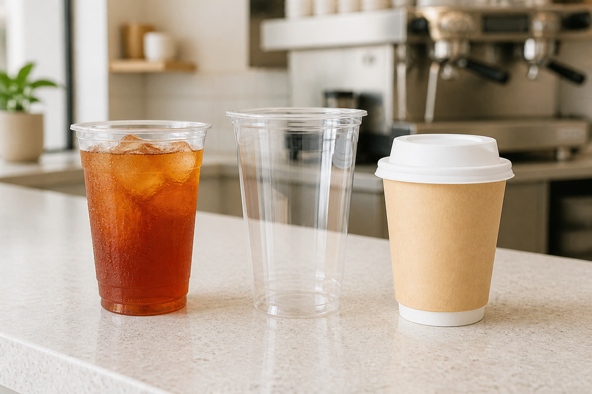 Clear PLA cold cups beside a kraft hot cup with a white CPLA lid on a cafe counter