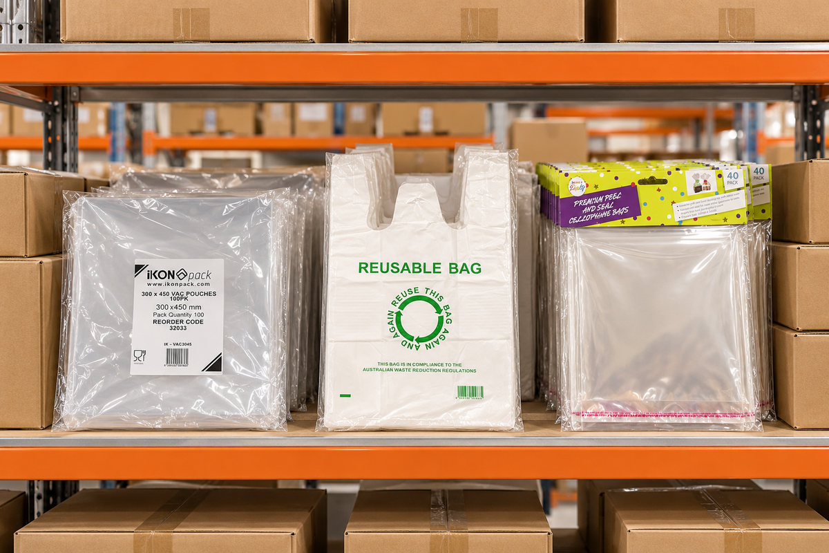 Wide view of plastic bag cartons organised on labelled shelving in a Melbourne wholesale warehouse