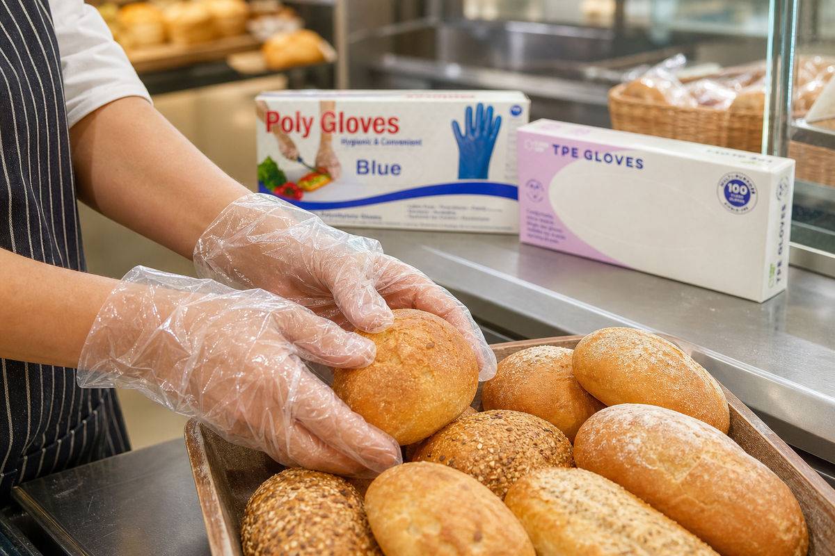 Deli worker in clear poly gloves serving bread rolls at a high-volume counter