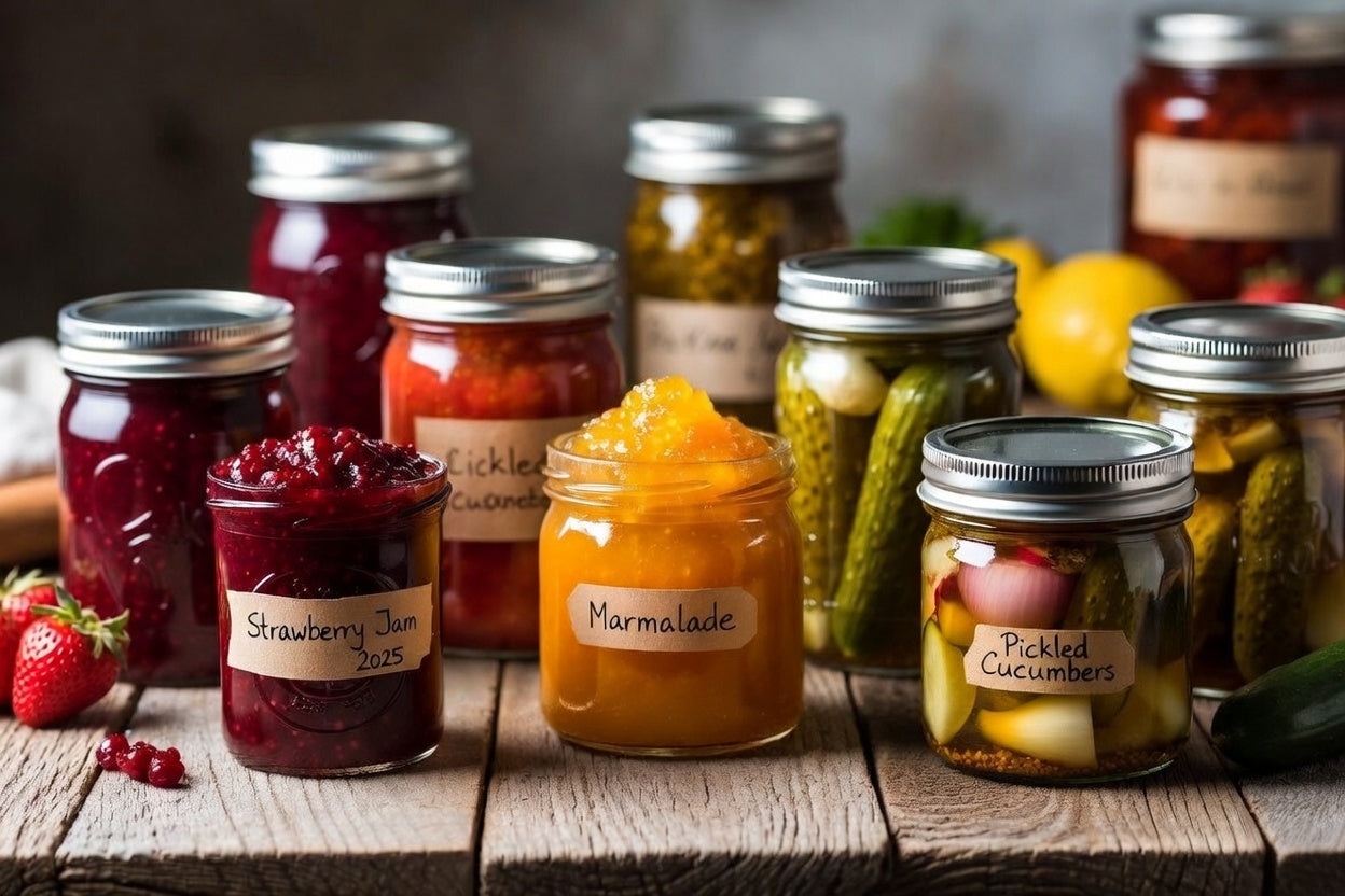 Preserving jars and jam jars with metal screw-top lids filled with homemade preserves