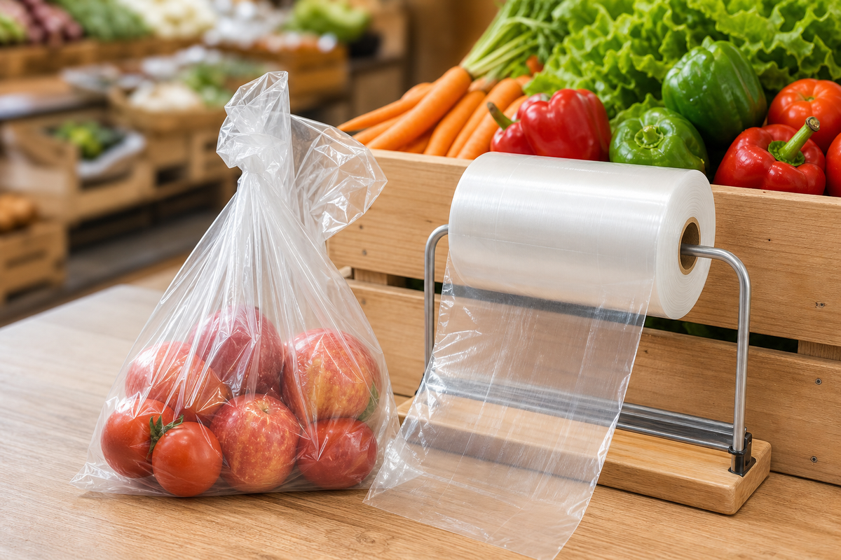 Clear LDPE produce roll bags holding fresh fruit and vegetables at a greengrocer