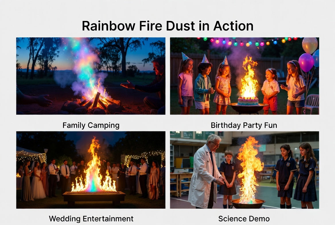 Rainbow fire dust uses for camping parties events and education