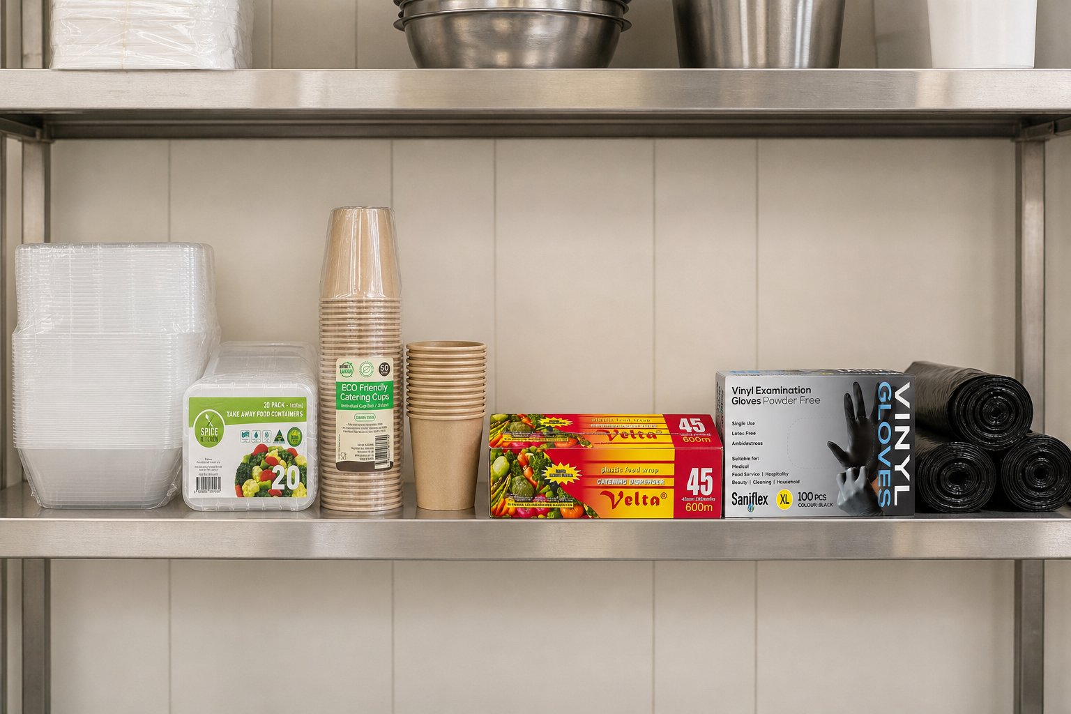 Wide view of a fully stocked restaurant back-of-house shelf with cartons of containers, cups, wraps, gloves and bin liners