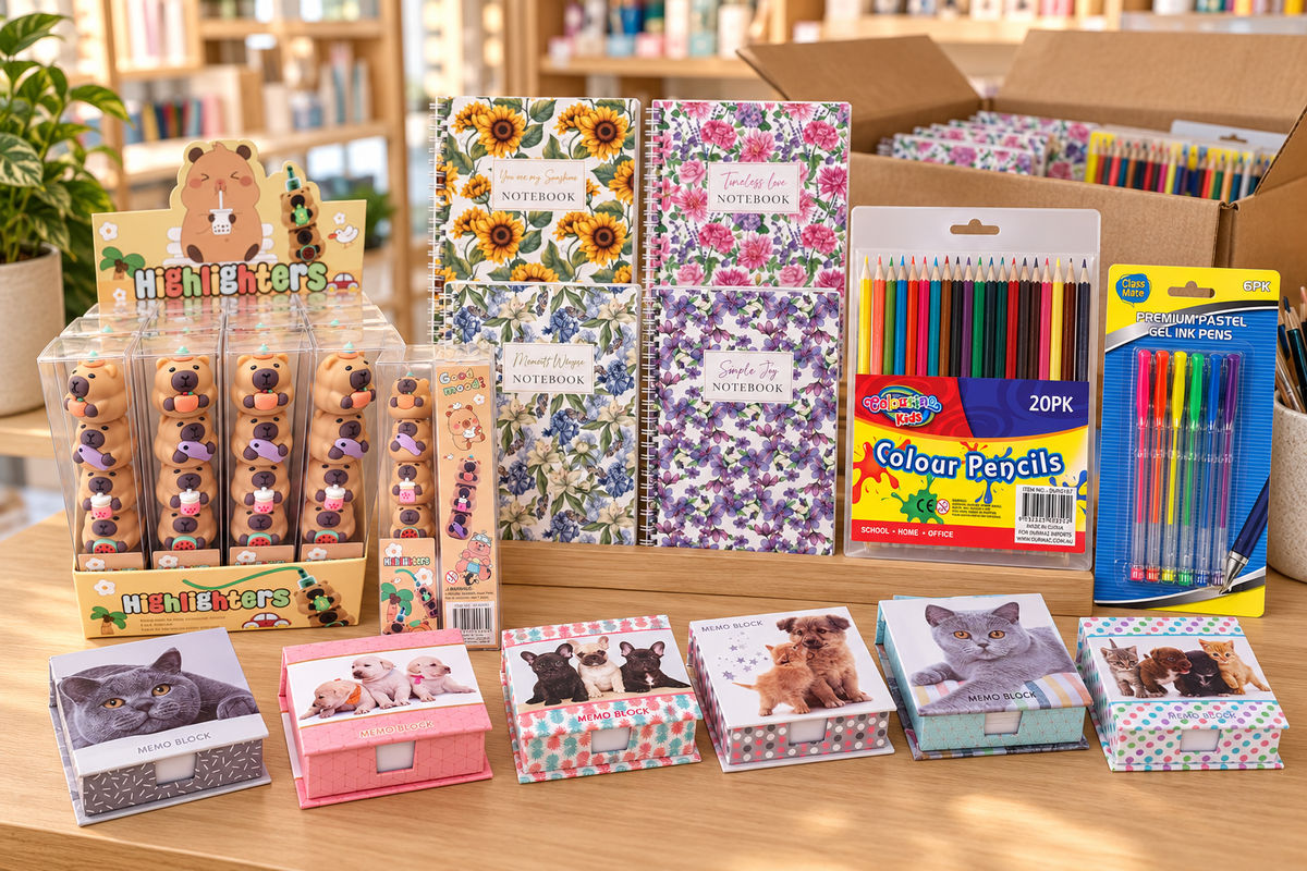 Retail-pack stationery displayed for resale on a gift shop counter - pen packs, highlighter sets, notebooks and pencil packs