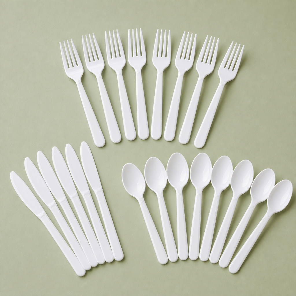 Heavy-duty reusable plastic cutlery set including forks, knives, and spoons arranged for a catering service