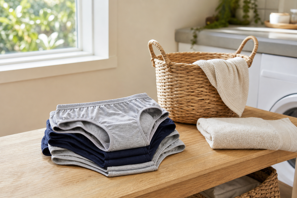 Folded washable fabric incontinence underwear beside a home laundry basket