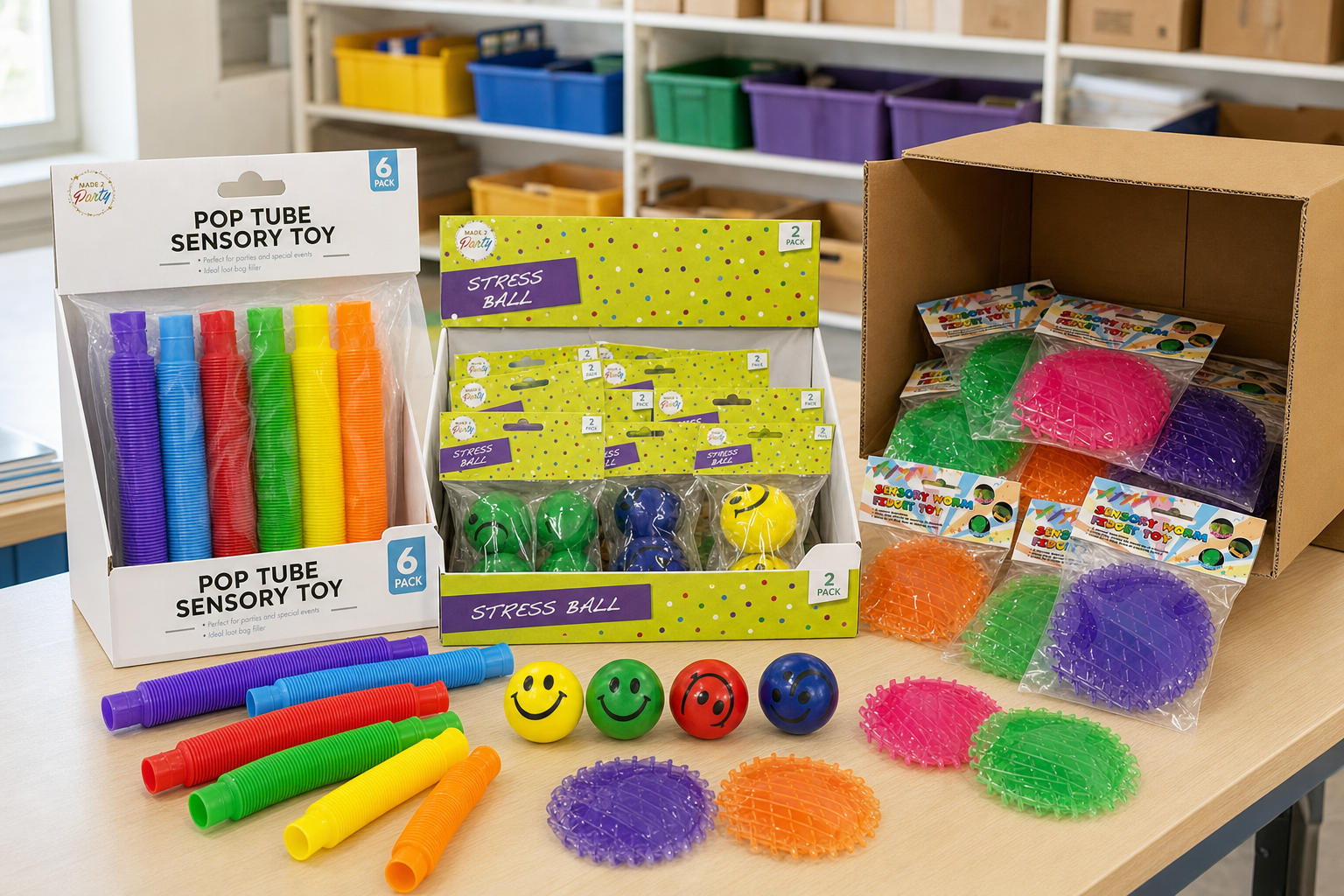 Bulk cartons and display boxes of sensory and fidget toys ready for schools and childcare