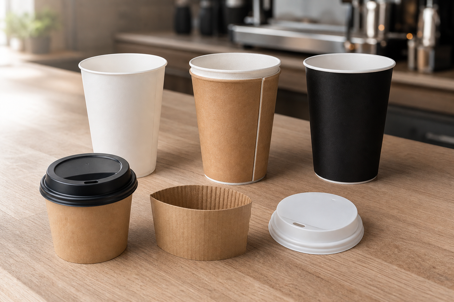 Single wall and double wall disposable coffee cups side by side with lids and sleeves on a cafe counter