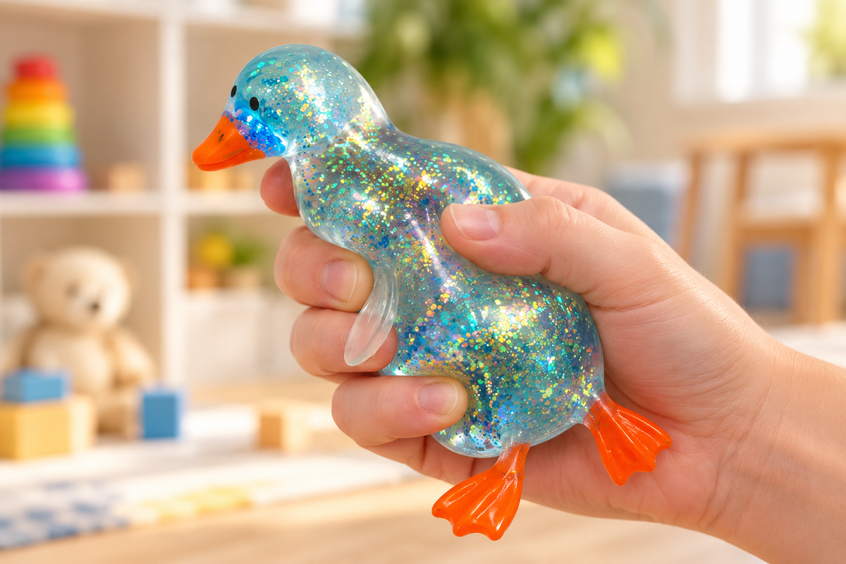 Clear glitter-gel squishy duck toy with an orange beak being squeezed by hand