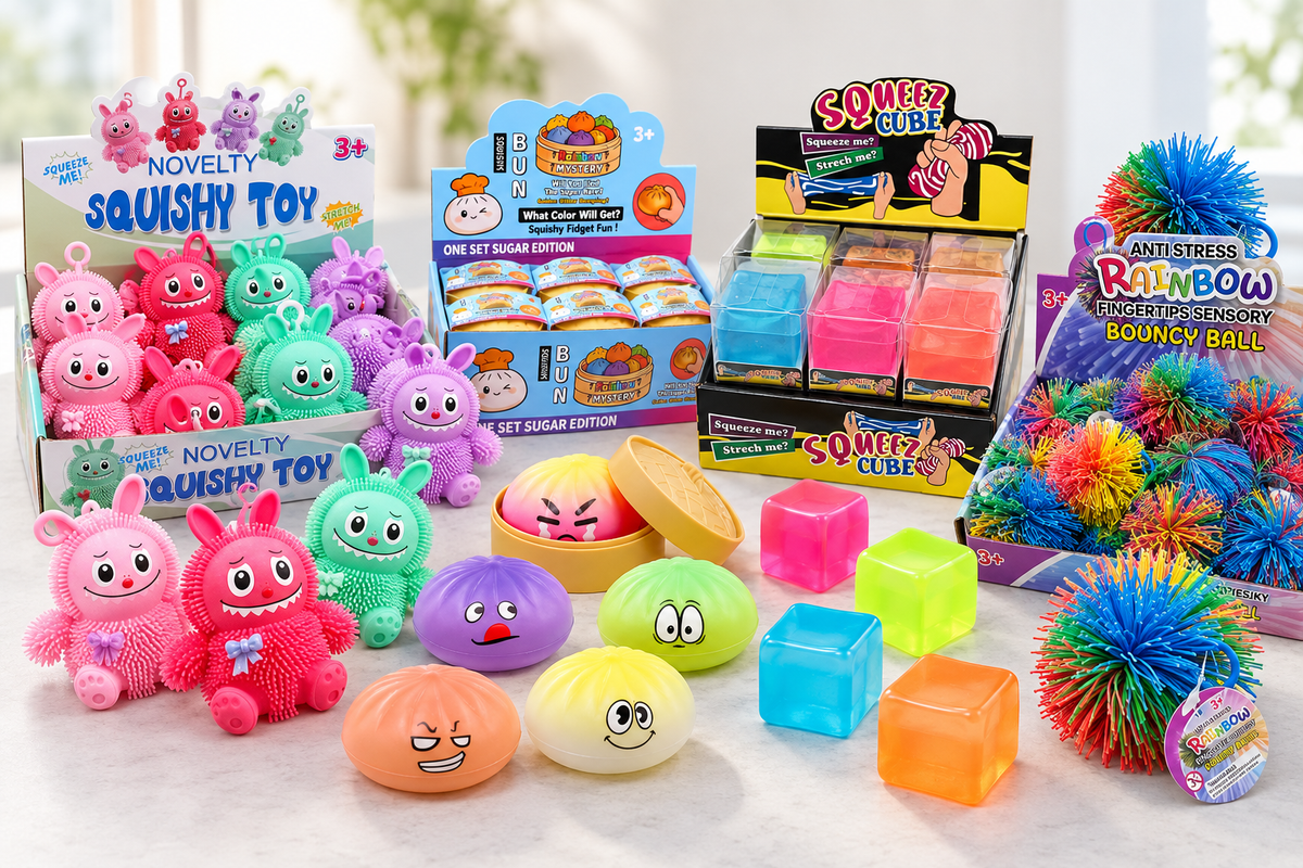 Assorted squishy and fidget party bag fillers including dumpling squishies and neon sensory cubes