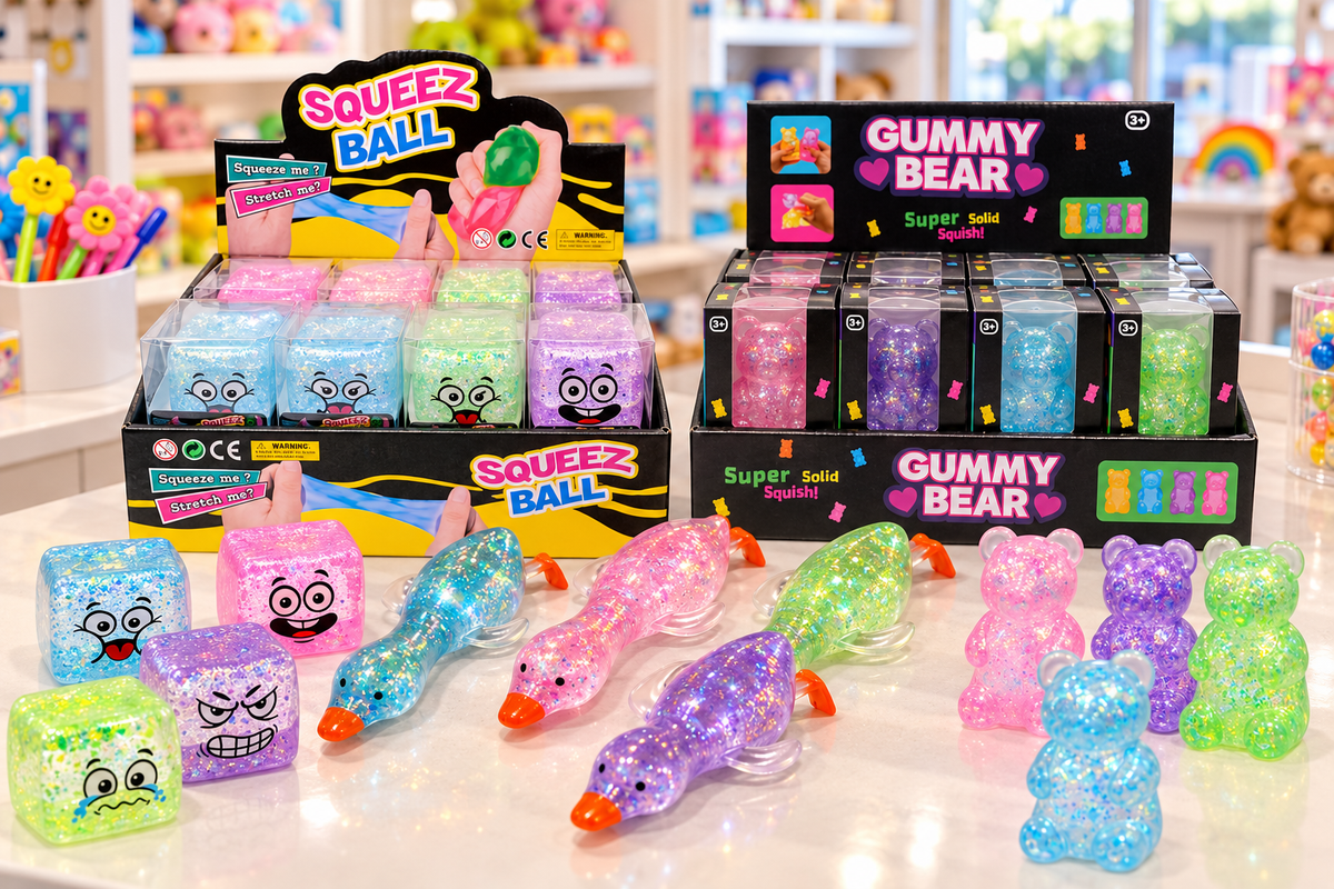 Colourful assortment of glitter squishy toys arranged on a bright retail counter display