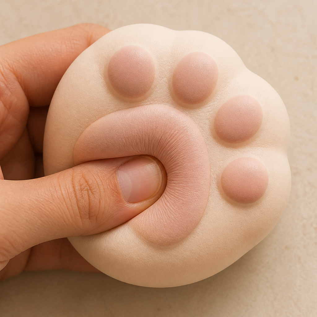 Close-up of a slow-rise foam squishy toy being squeezed and slowly returning to shape
