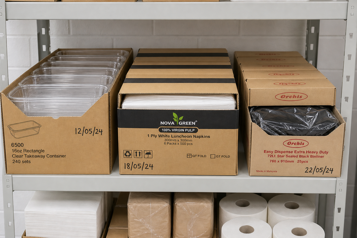 Labelled cartons of disposable supplies dated and shelved front to back for FIFO rotation