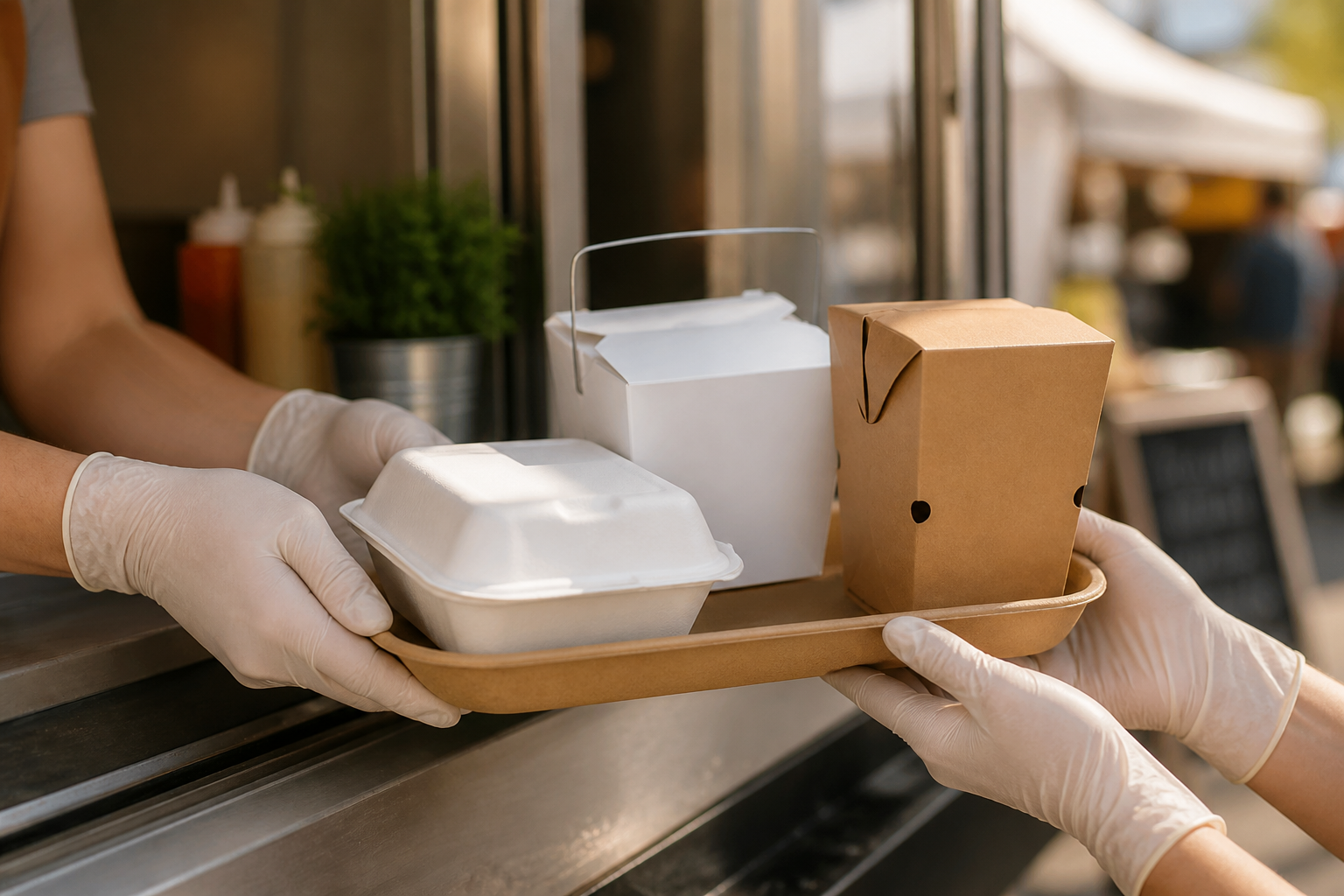 Food-truck service window handing over a tray with a kraft burger box, noodle pail and chip scoop