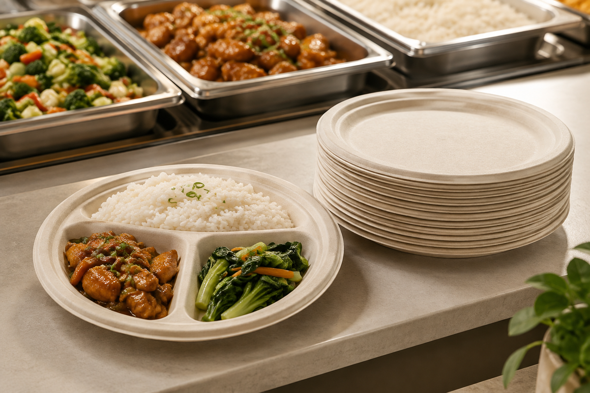 Sugarcane bagasse plates holding a hot buffet meal, including a three-compartment plate