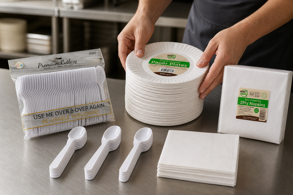A caterer counting stacks of plates and cutlery sets laid out on a preparation table before an event