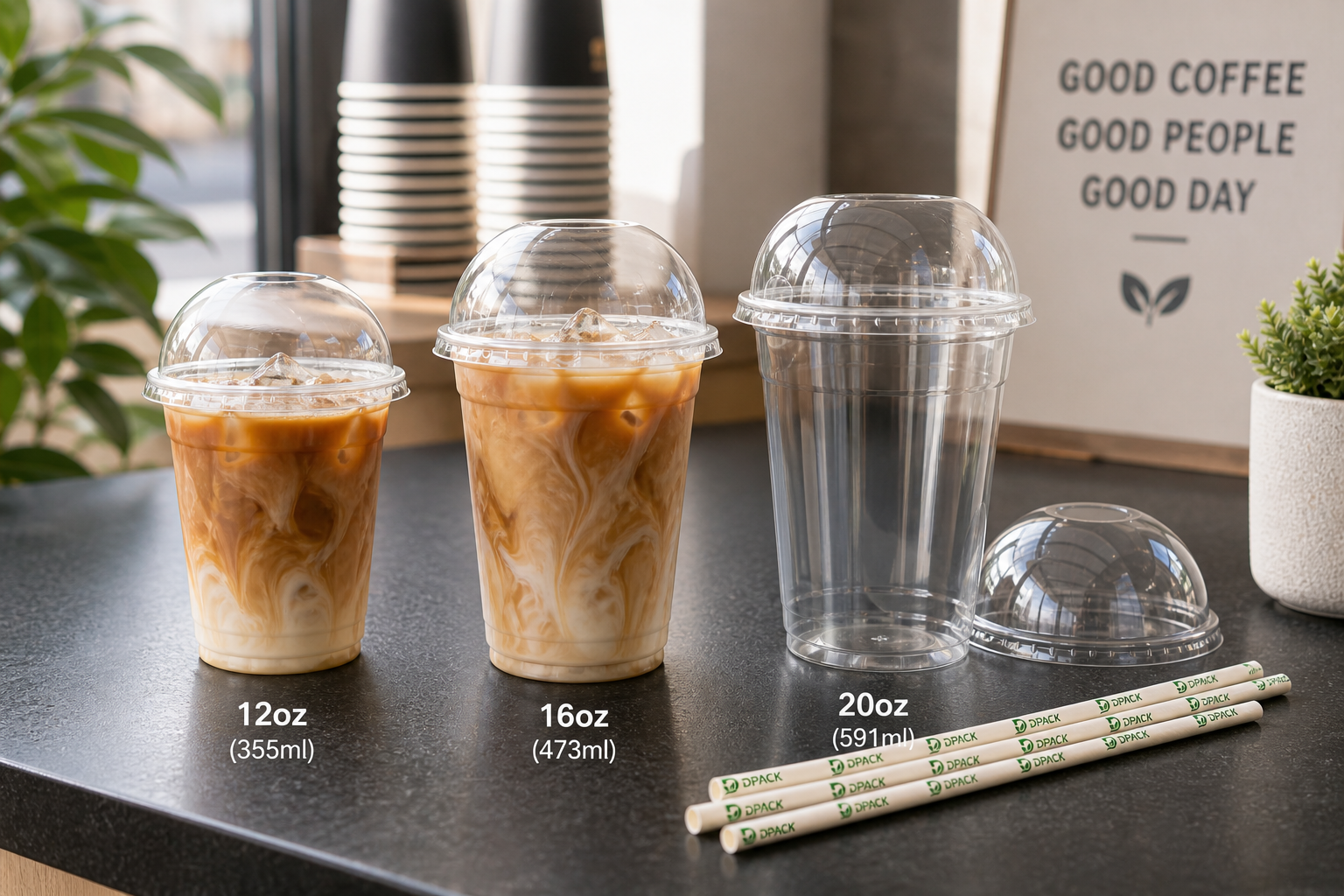 Takeaway coffee cups wholesale - clear PET cups with domed lids for iced coffee on Melbourne cafe bench
