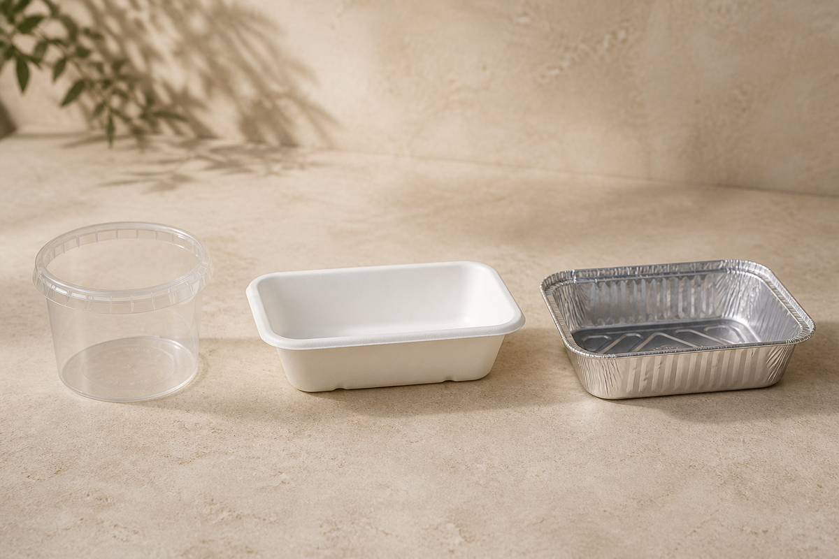PP plastic, sugarcane bagasse and aluminium foil takeaway containers grouped on a kitchen bench to compare materials