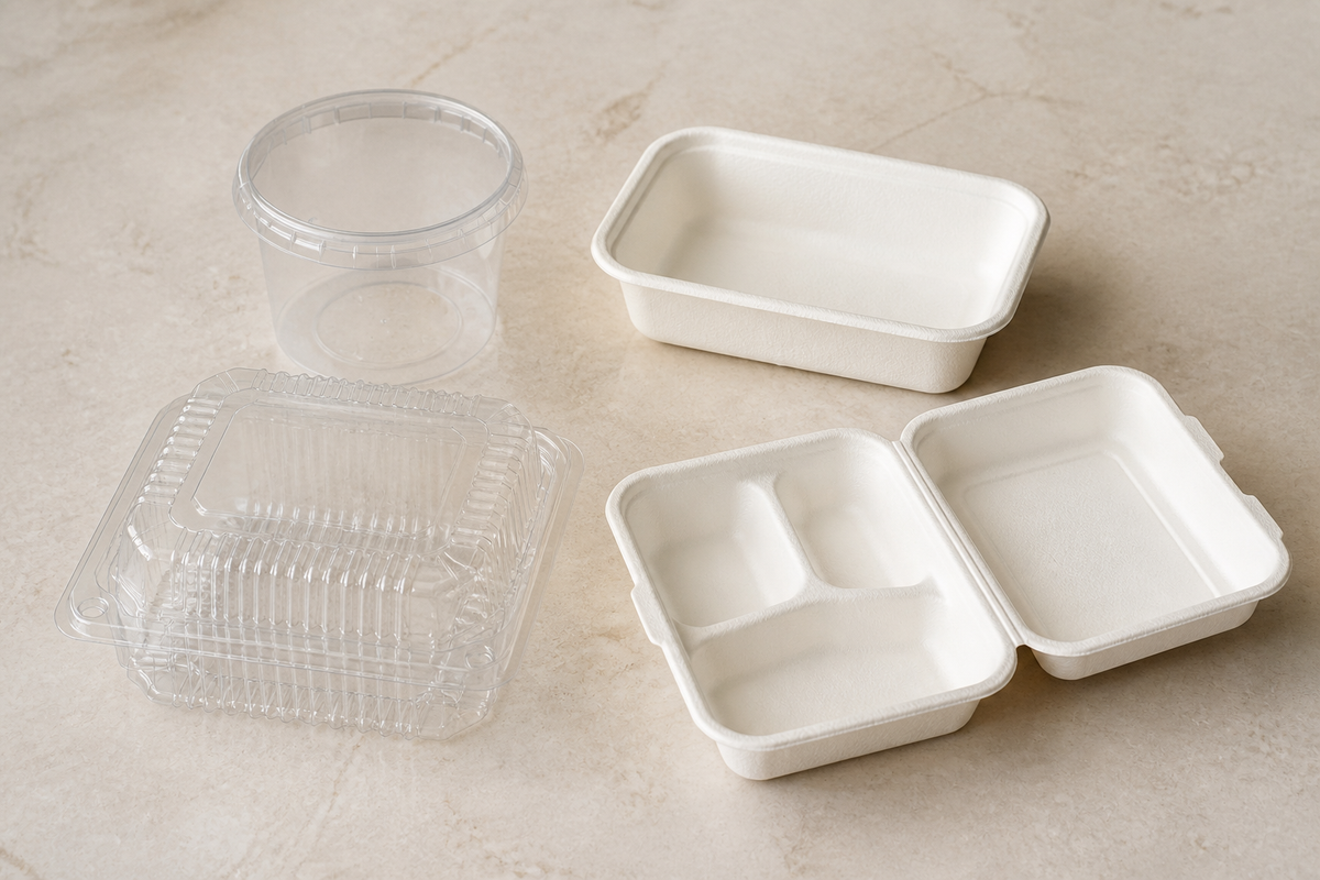 Round, rectangular, clamshell and compartment takeaway containers arranged to compare shapes