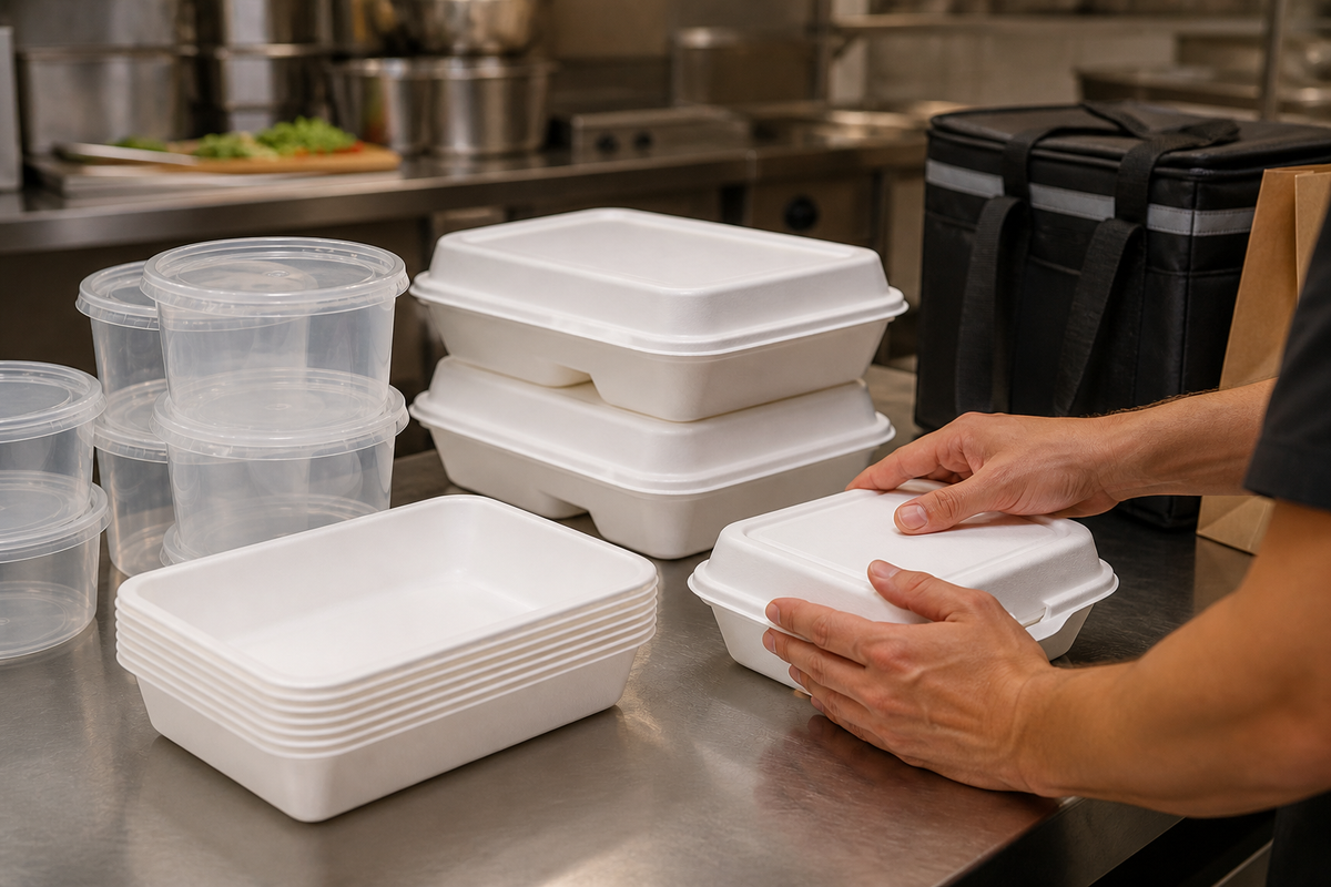 Wide view of a takeaway dispatch bench with containers being filled and stacked for delivery orders