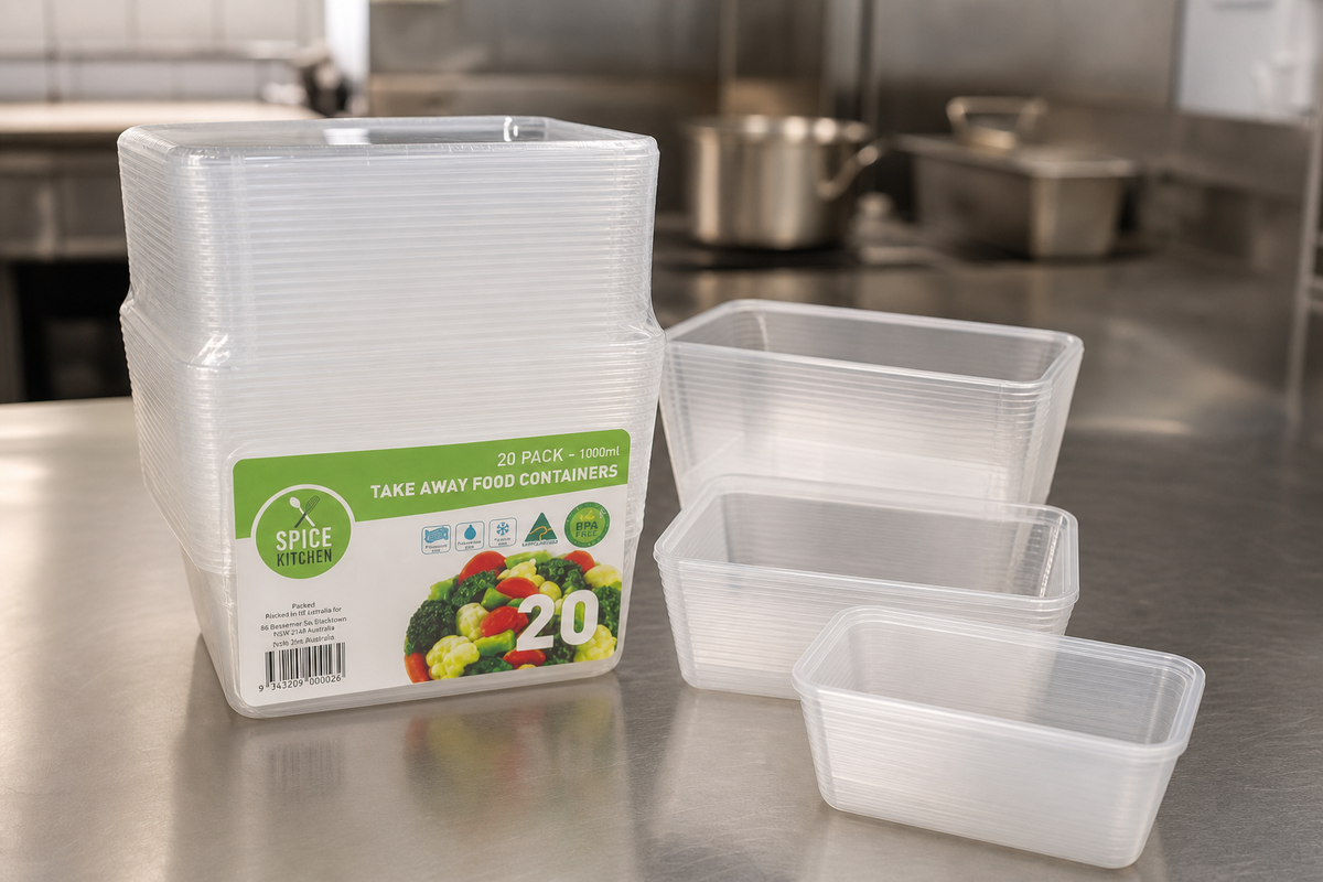 Stacks of clear plastic takeaway containers with lids and a microwave-safe bulk pack on a stainless steel bench