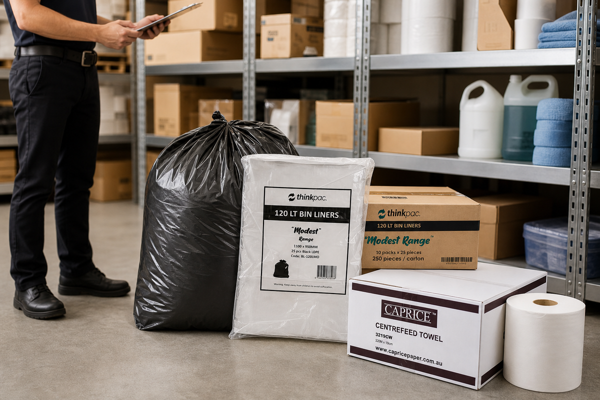 A worker checking a Melbourne venue storeroom stocked with cartons of cleaning supplies ready for delivery