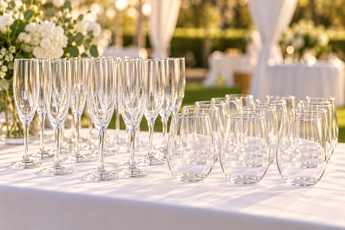 Clear acrylic champagne flutes and wine glasses laid out for a catered outdoor function