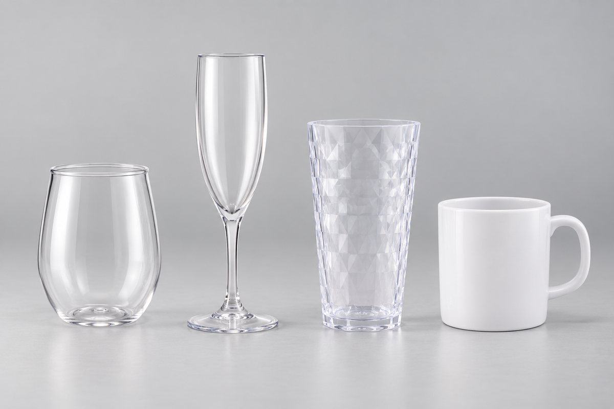 Row of clear acrylic wine glasses, flutes and tumblers alongside a melamine mug
