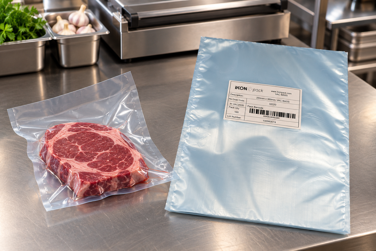 Portioned meat being sealed in a food-grade vacuum sealer bag on a stainless deli bench