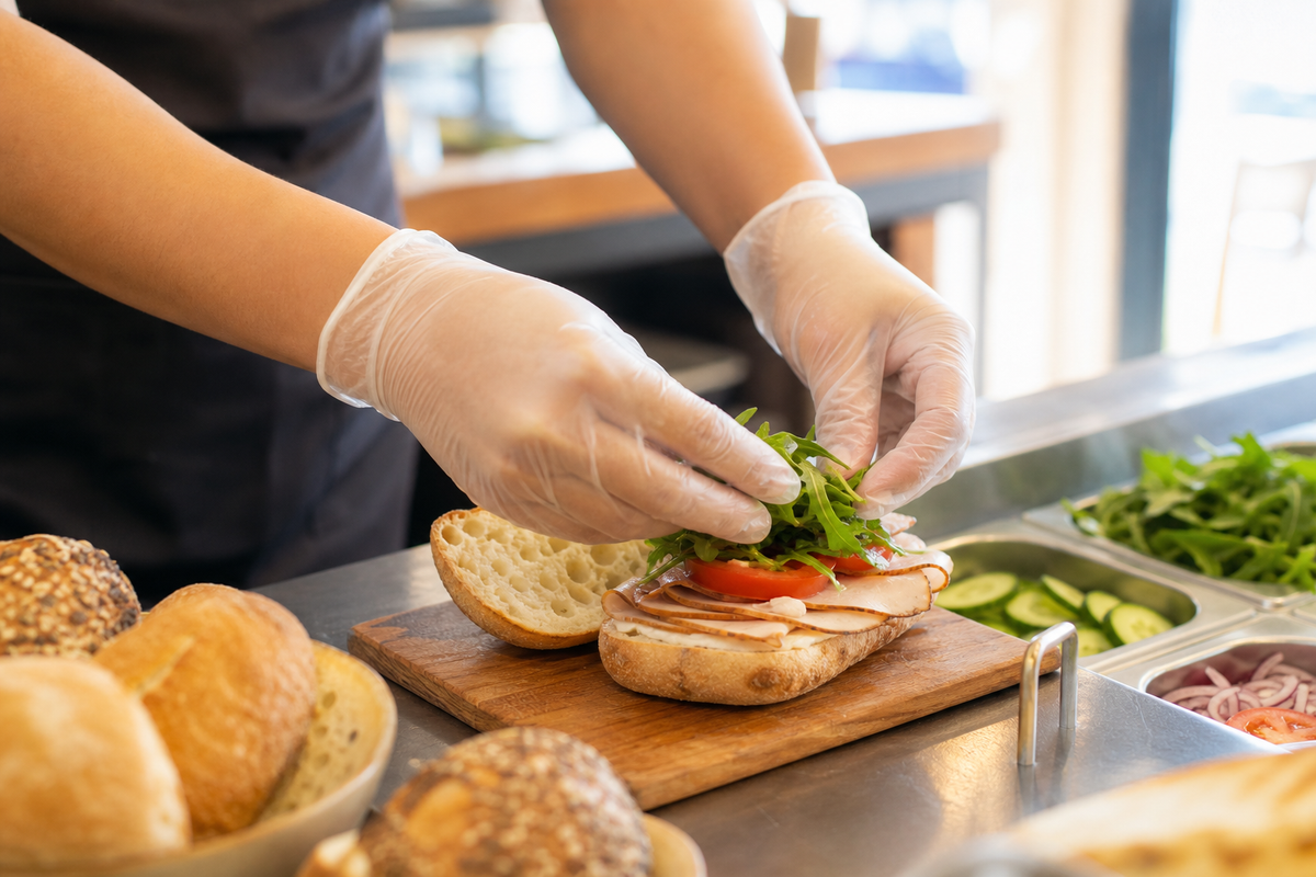 Powder-free vinyl disposable gloves worn for light deli and front-of-house food service