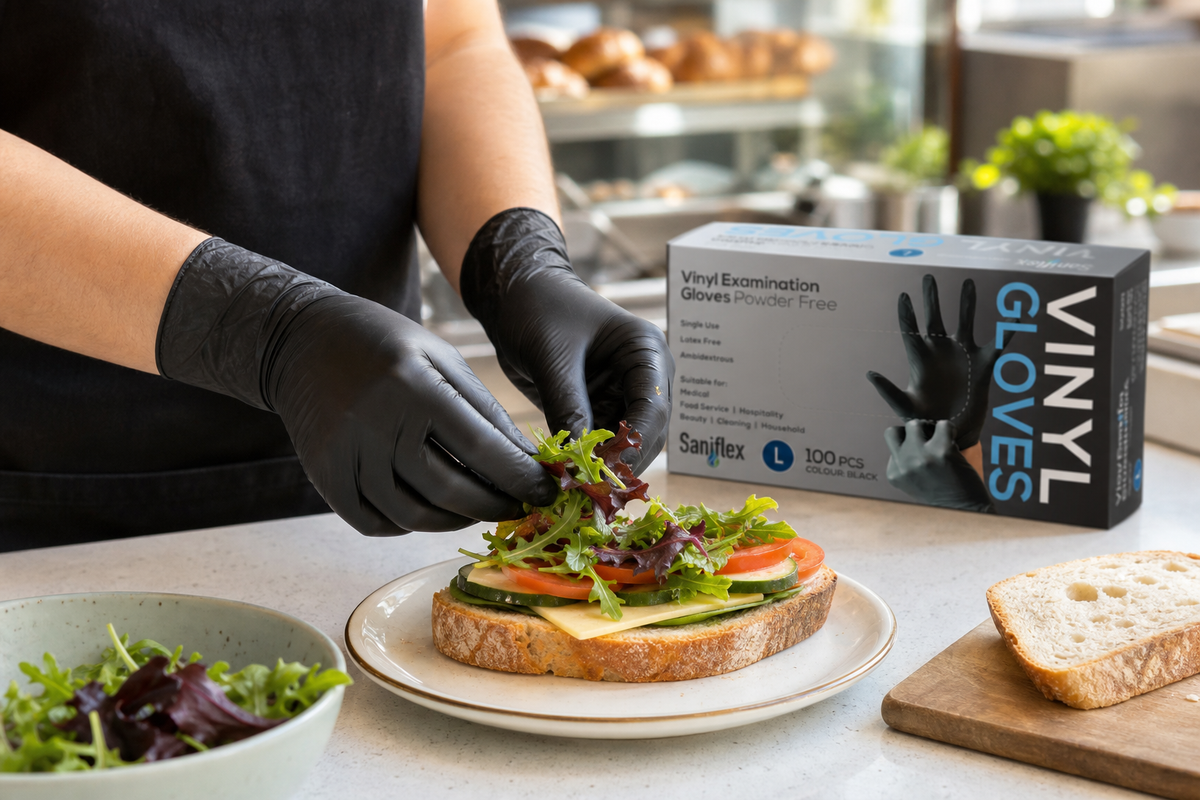Cafe worker in black vinyl gloves assembling sandwiches at a front-of-house service counter