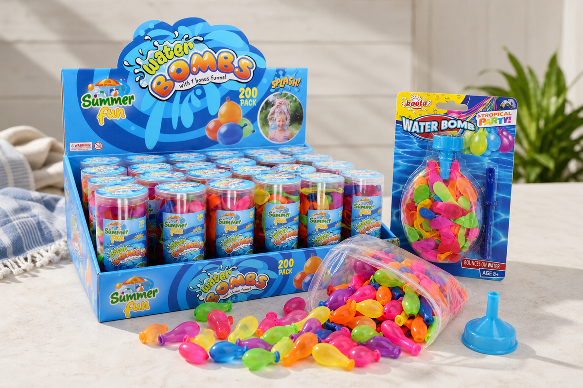 A 200 pack of assorted latex water bombs with a plastic fill funnel laid out for a school fete water station