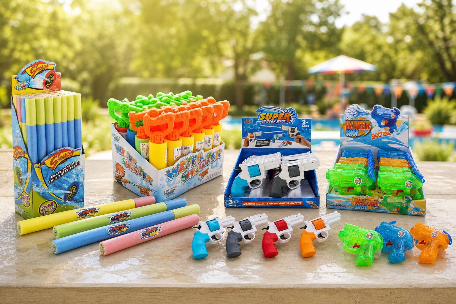 Wide shot of assorted water guns and foam water blasters lined up at an outdoor summer water-play station