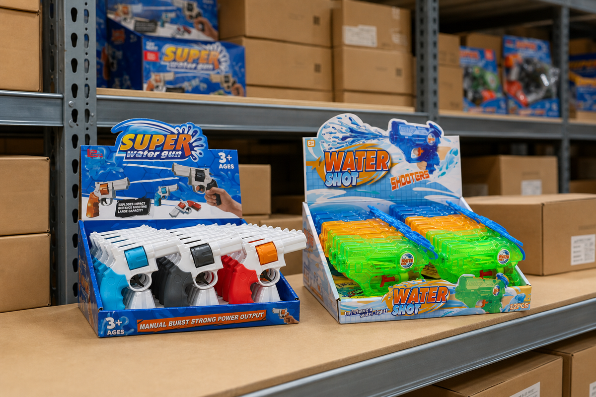 Wholesale cartons of water guns and water pistols stacked on a warehouse shelf ready for the summer season