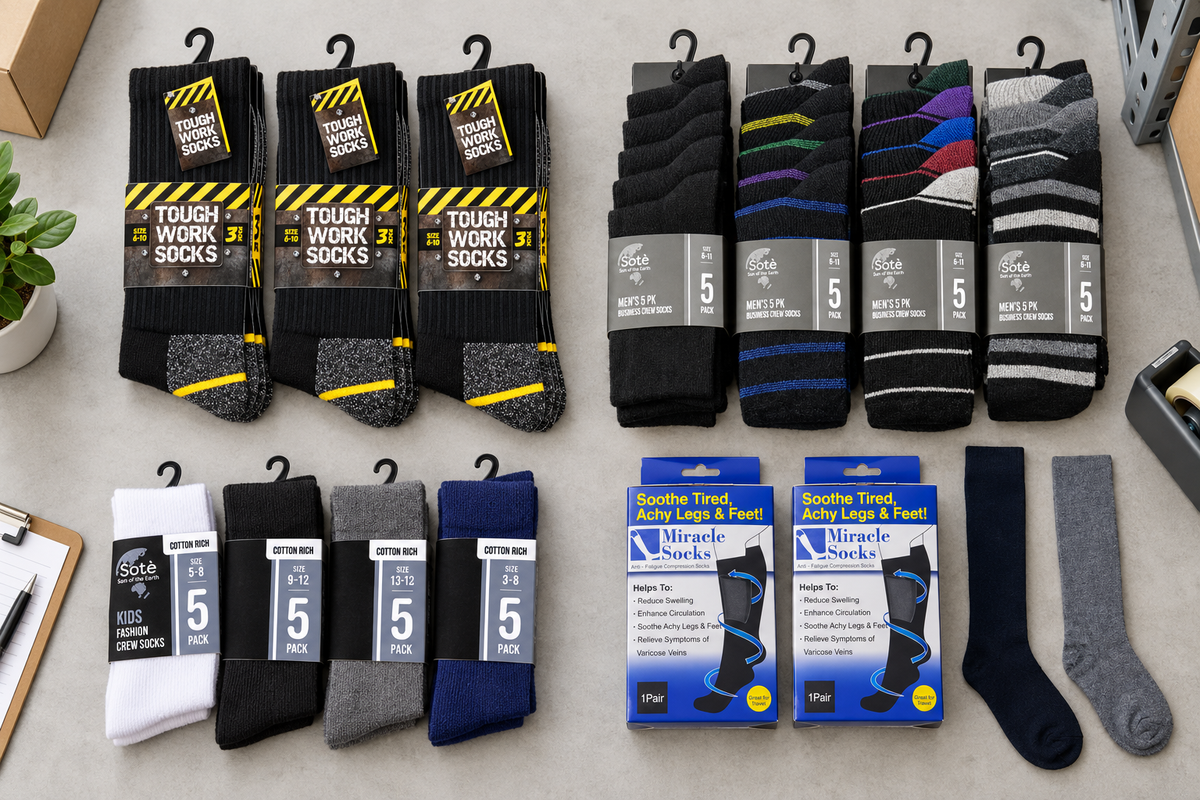 Work, business, school and healthcare socks grouped by buyer type on a warehouse bench