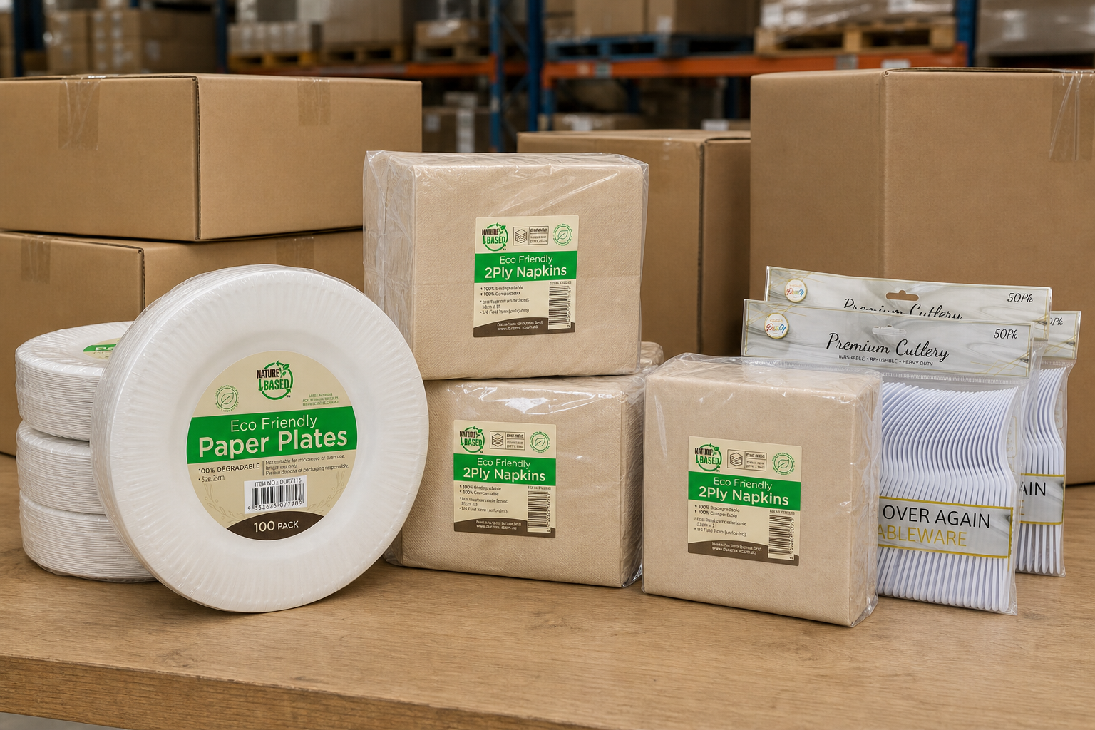 Stacked cartons of wholesale catering tableware including plates, napkins, and cutlery packs ready for Melbourne event delivery