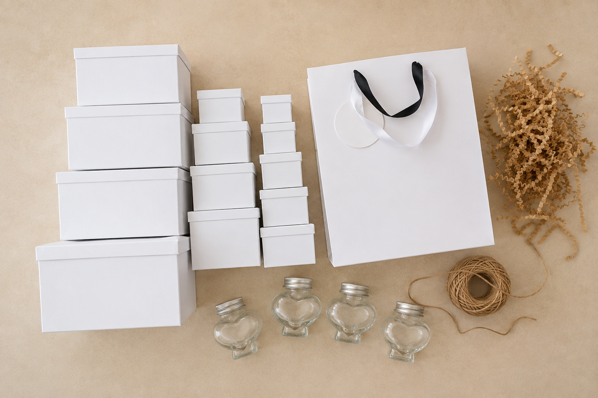 Styled hamper flat-lay with kraft gift box set, premium gift bag and bomboniere jars ready to fill