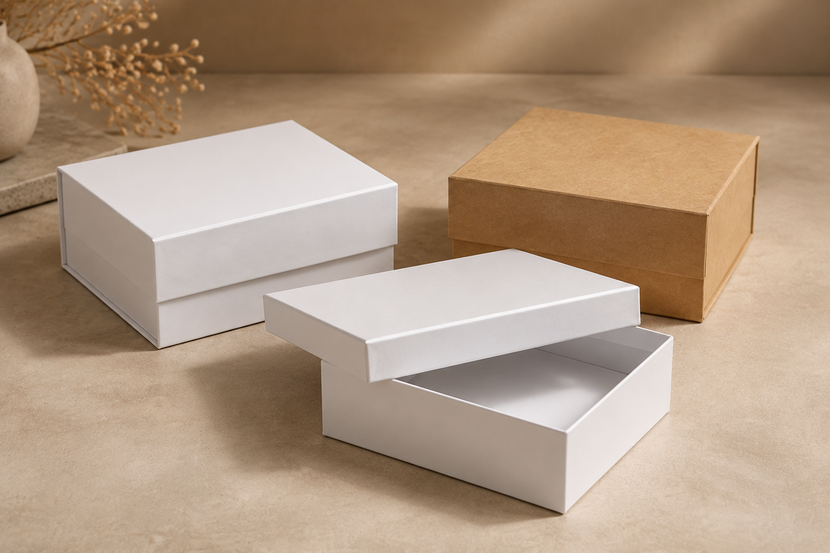 Stack of rigid premium gift boxes with lift-off lids in white and brown kraft finishes